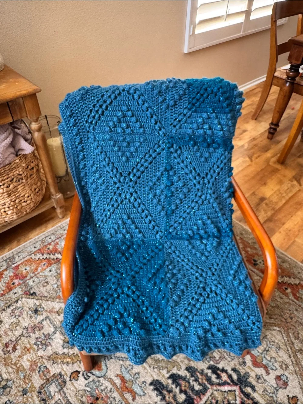 Handmade Blue Sparkle Crochet Afghan Blanket Textured Square Motif Boho Throw